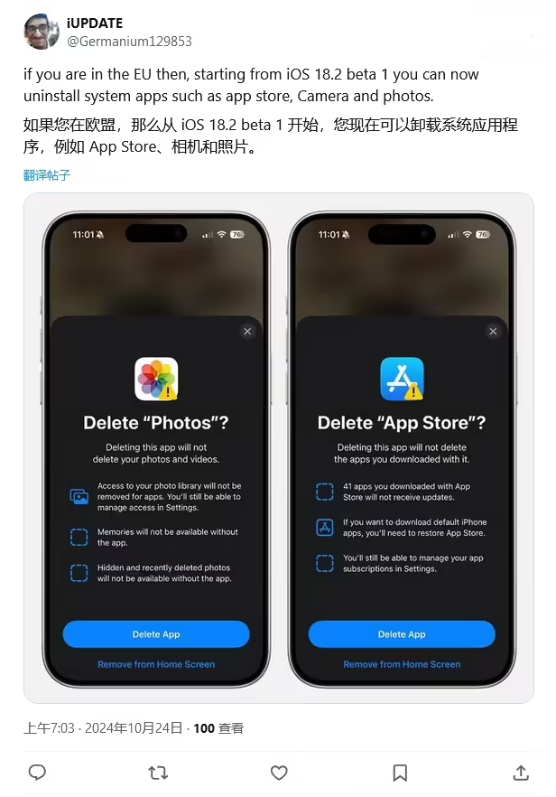 兰坪苹果手机维修分享iOS 18.2 支持删除 App Store 应用商店 