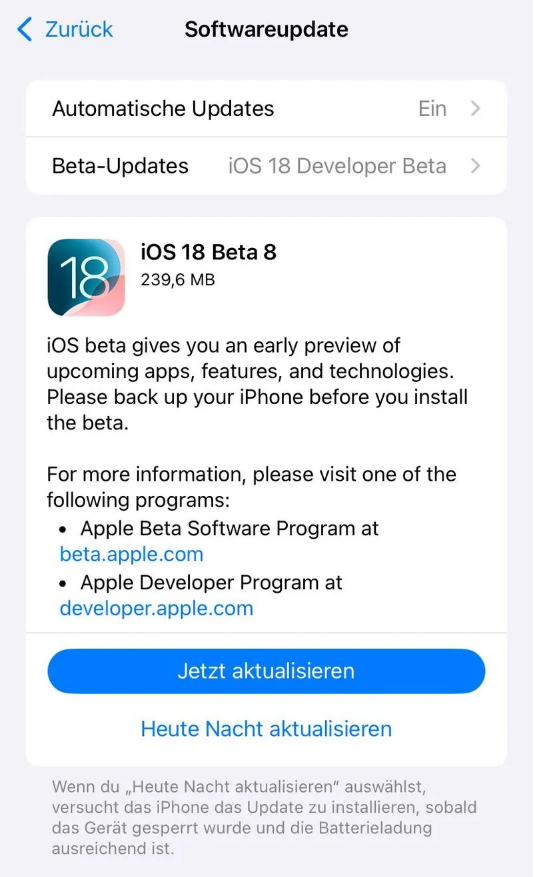 兰坪苹果手机维修分享苹果 iOS / iPadOS 18 开发者预览版 Beta 8 发布 